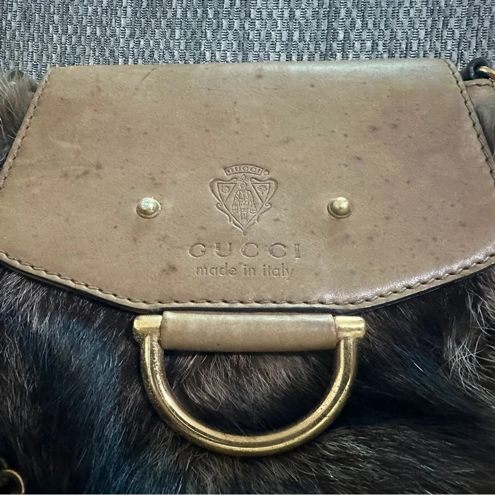 Gucci Brown Fur & Leather Tom Ford Small Flap Bag with Gold Chain Detail